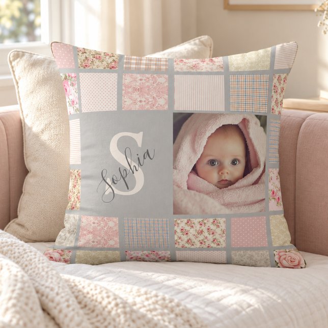 Custom Photo Name Monogram Pink Patchwork Cushion (Creator Uploaded)