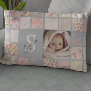 Custom Photo Name Monogram Pink Patchwork Decorative Cushion