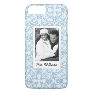Custom Photo & Name Pale Blue Damask Case-Mate iPhone Case