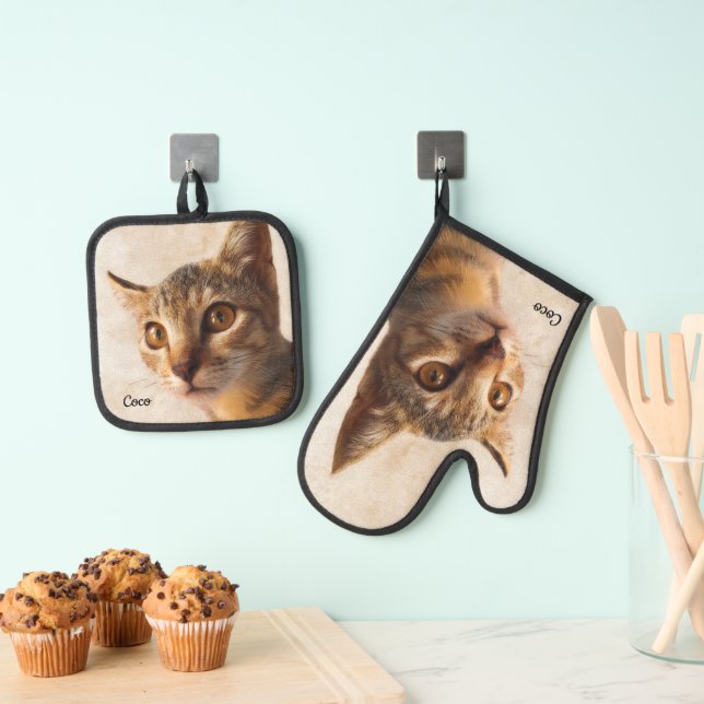 Custom Photo Name Personalised Cat Dog Template Oven Mitt & Pot Holder Set (Insitu(Hanging))