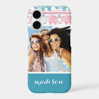 Custom Photo & Name Pink & Teal Elephant Pattern