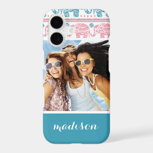 Custom Photo & Name Pink & Teal Elephant Pattern