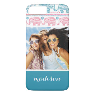 Custom Photo & Name Pink & Teal Elephant Pattern Case-Mate iPhone Case
