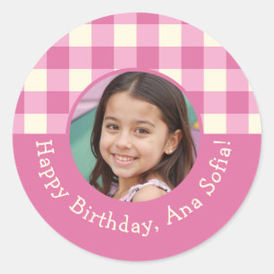 Custom Photo Name Plaid Gingham Birthday Party Classic Round Sticker