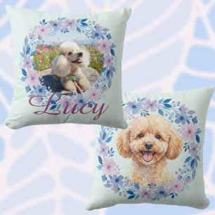 Custom Photo Name Poodle Floral Wreath Pastel Cushion