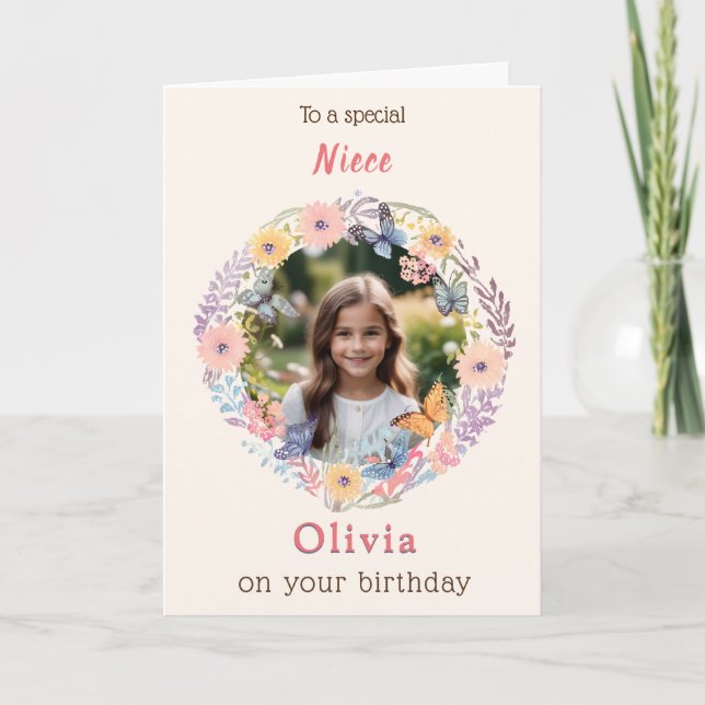 Custom Photo Name Pretty Flowers Niece Birthday Card (Front)
