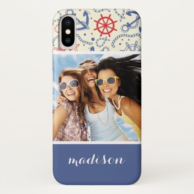 Custom Photo & Name Red and Navy with Anchor Case-Mate iPhone Case (Back)