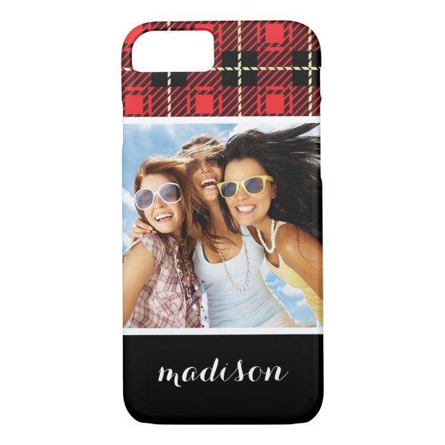 Custom Photo & Name Red Plaid Background Case-Mate iPhone Case (Back)