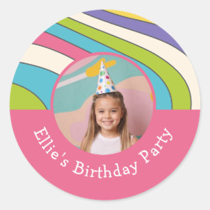 Custom Photo Name Retro Colorful Birthday Party Classic Round Sticker