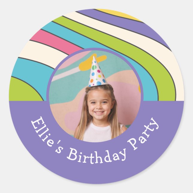 Custom Photo Name Retro Colourful Birthday Party Classic Round Sticker (Front)