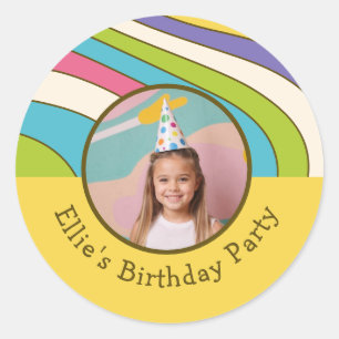 Custom Photo Name Retro Colourful Birthday Party Classic Round Sticker