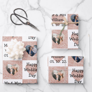 Custom Photo/Name Rose Gold Heart Pattern Wedding Wrapping Paper Sheet