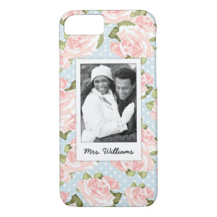 Custom Photo & Name rose pattern with blue dots iPhone 8/7 Case