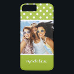 Custom Photo & Name Spring pattern with polka dots iPhone 8 Plus/7 Plus Case<br><div class="desc">Seamless vector spring pattern with white polka dots on fresh grass green background. For desktop wallpaper,  web design,  cards,  invitations,  wedding or baby shower albums,  backgrounds,  arts and scrapbooks © and ® Bigstock® - All Rights Reserved.</div>