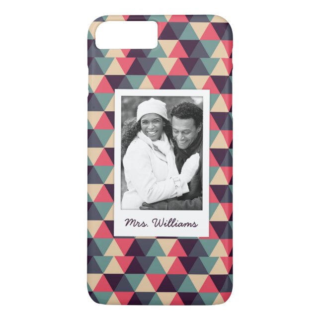 Custom Photo & Name Teal And Pink Triangle Pattern Case-Mate iPhone Case (Back)