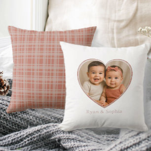Custom Photo Name Terracotta Beige Plaid Cushion