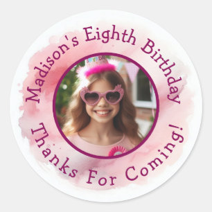 Custom Photo Name Watercolor Birthday Thank You Classic Round Sticker