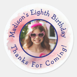 Custom Photo Name Watercolor Birthday Thank You Classic Round Sticker
