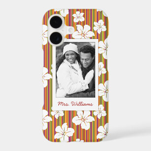 Custom Photo & Name White flowers on stripes