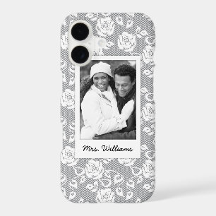 Custom Photo & Name White flowers on stripes