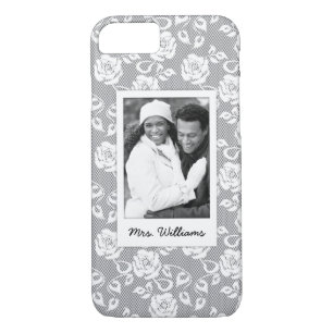 Custom Photo & Name White flowers on stripes Case-Mate iPhone Case