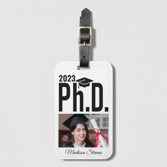 Custom photo, name & year Ph.D. Luggage Tag (Front Vertical)