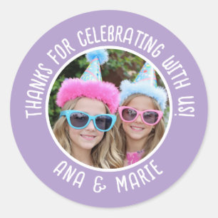 Custom Photo Names Double Birthday Thank You Favor Classic Round Sticker