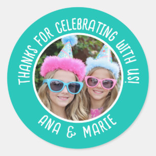 Custom Photo Names Double Birthday Thank You Favou Classic Round Sticker