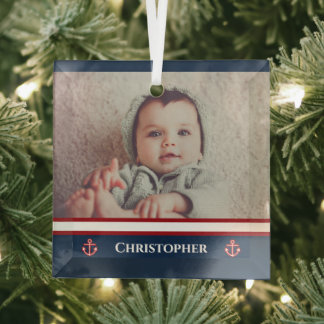 Custom Photo Nautical Marine Navy Blue Red White Glass Tree Decoration