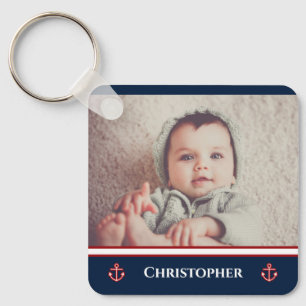 Custom Photo Nautical Marine Navy Blue Red White Key Ring