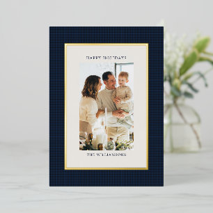 Custom Photo Navy Black Check Gold Christmas Happy