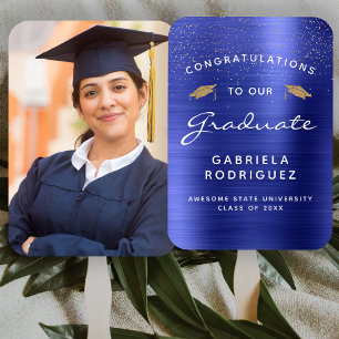 Custom Photo Navy Blue Metallic Graduation Hand Fan