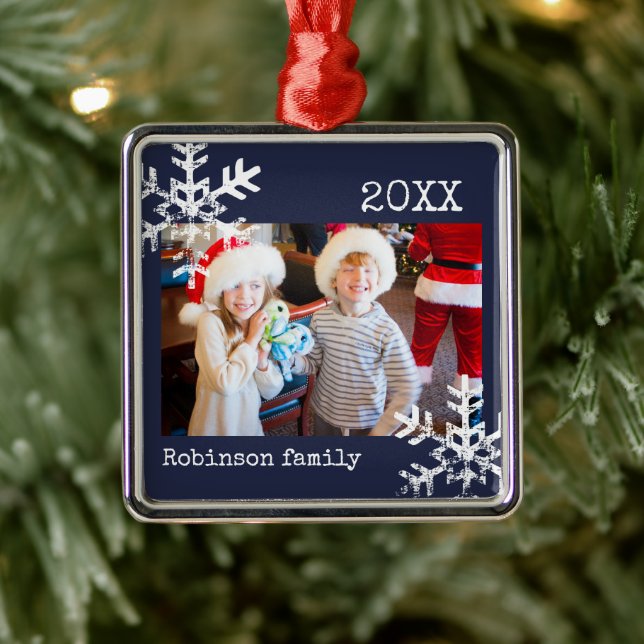 Custom Photo Navy Blue Ornament with Snowflakes (Tree)
