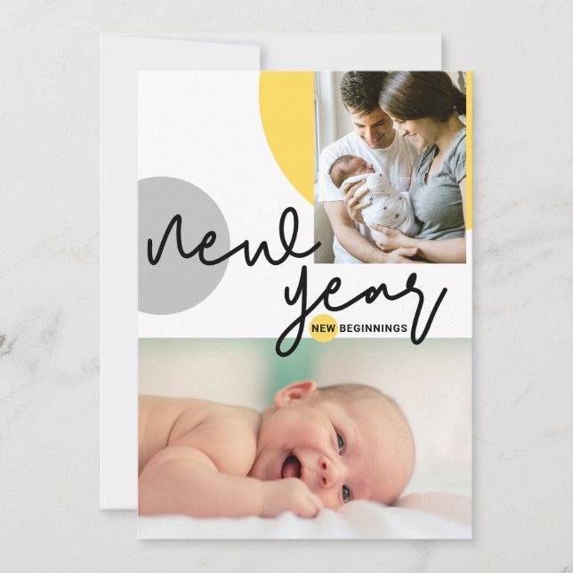 Custom Photo New Year New Beginnings Yellow Baby Announcement (Front)