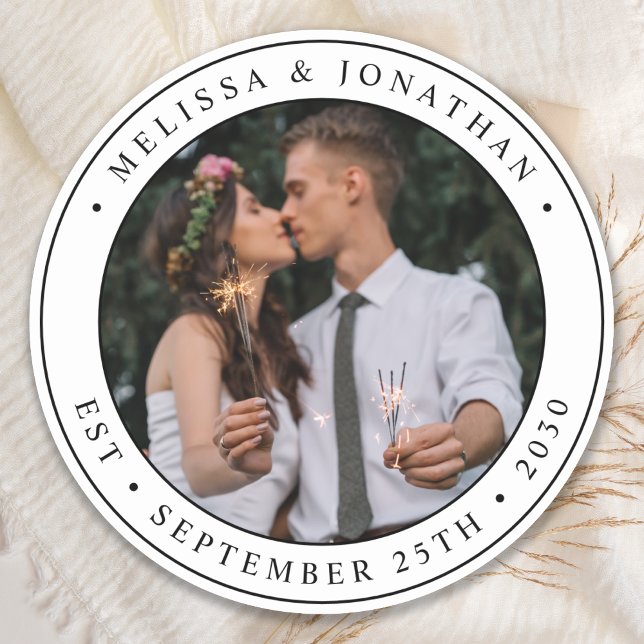Custom Photo Newlywed Couple Name Est Date Wedding Classic Round Sticker (Creator Uploaded)