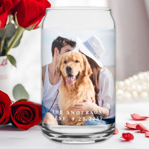 Custom Photo Newlywed Name Date Modern Wedding  Can Glass