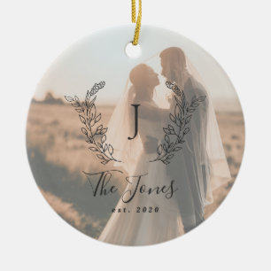 Custom photo newlyweds name monogram elegant ceramic tree decoration