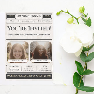 Custom Photo Newspaper Modern Birthday Invitation