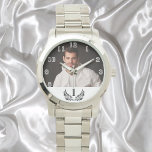 Custom photo number 1 one father watch<br><div class="desc">Template for your own photo of the best father,  dad in the world.  A white frame with black text. White numbers from 8 to 4. A birthday or Christmas gift for your father.  A black,  classic wreath and the number 1.</div>