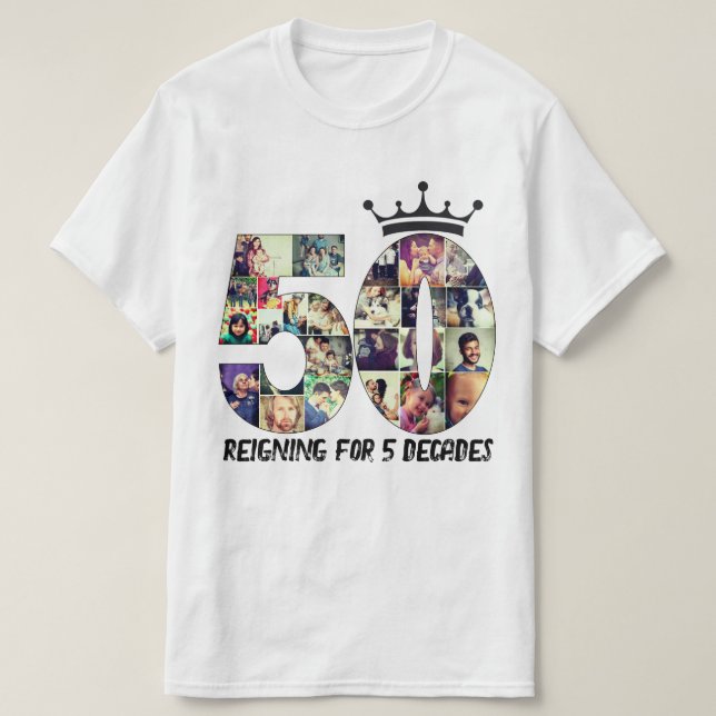 Custom photo number collage 50 text crown  T-Shirt (Design Front)