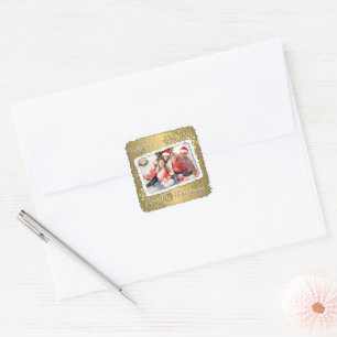 Custom Photo On Faux Gold Snowflakes Pattern Square Sticker