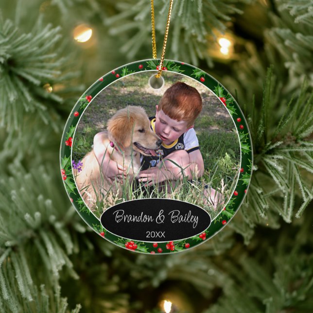 Custom Photo On Red Berries Green Holly Pattern Ceramic Tree Decoration (Tree)