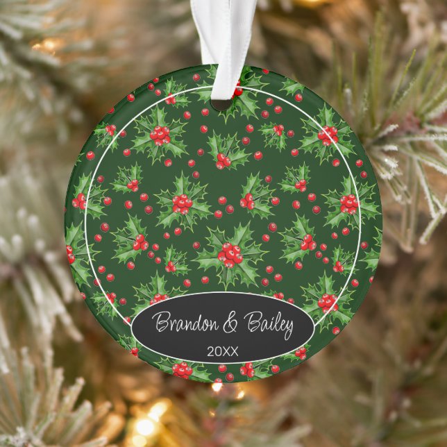 Custom Photo On Red Berries Green Holly Pattern Ornament (Tree)