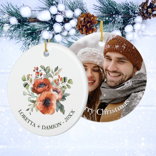 Custom Photo Orange Floral Christmas Ceramic Tree Decoration (Creator Uploaded)