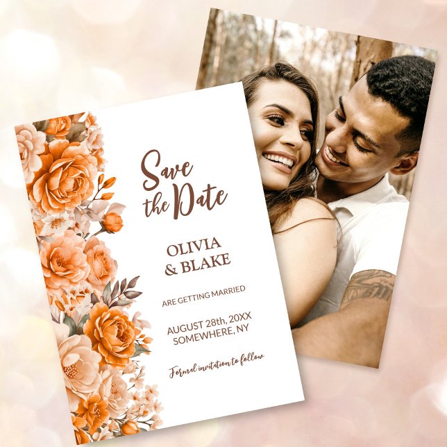 Custom Photo Orange Rose Floral Wedding Save The Date (Creator Uploaded)