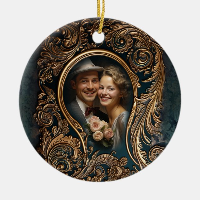 Custom Photo Ornate design Christmas Pendant  Ceramic Tree Decoration (Front)