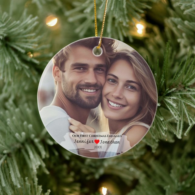 Custom Photo Our First Christmas Engaged   Ceramic Tree Decoration (Tree)