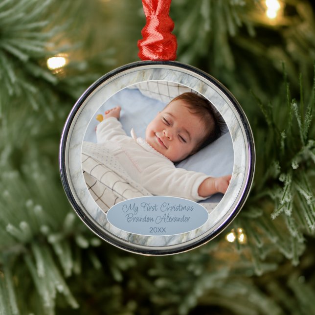 Custom Photo Pastel Blue Grey Marble Pattern 2022 Metal Tree Decoration (Tree)