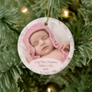 Custom Photo Pastel Pink Grey Marble Pattern 2024 Ceramic Tree Decoration
