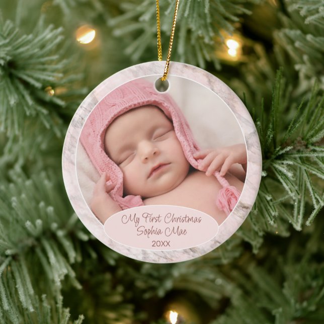 Custom Photo Pastel Pink Grey Marble Pattern 2025 Ceramic Tree Decoration (Tree)